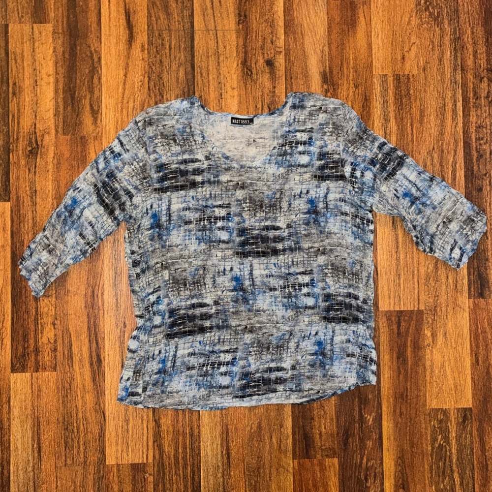 Mast 1883 Womens XXL Blue Grey Abstract Grid Print V-Neck 3/4 Sleeve Blouse Top